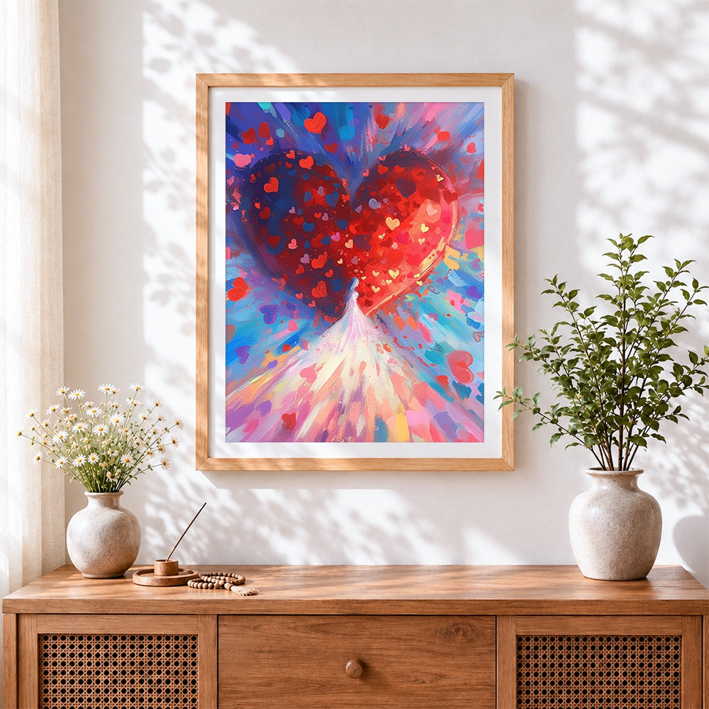 Finished exploding heart of love cross stitch artwork displayed