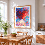 Exploding heart of love cross stitch artwork displayed on wall as home decor