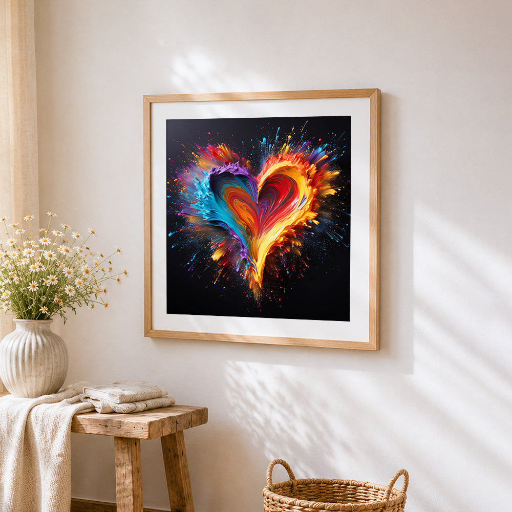 Exploding paint splatter heart cross stitch artwork displayed on wall as home decor