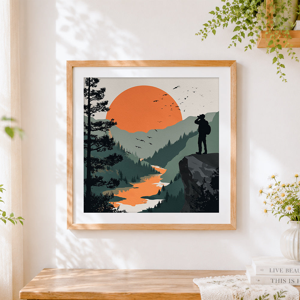 Finished explorer with binoculars on a cliff cross stitch artwork displayed