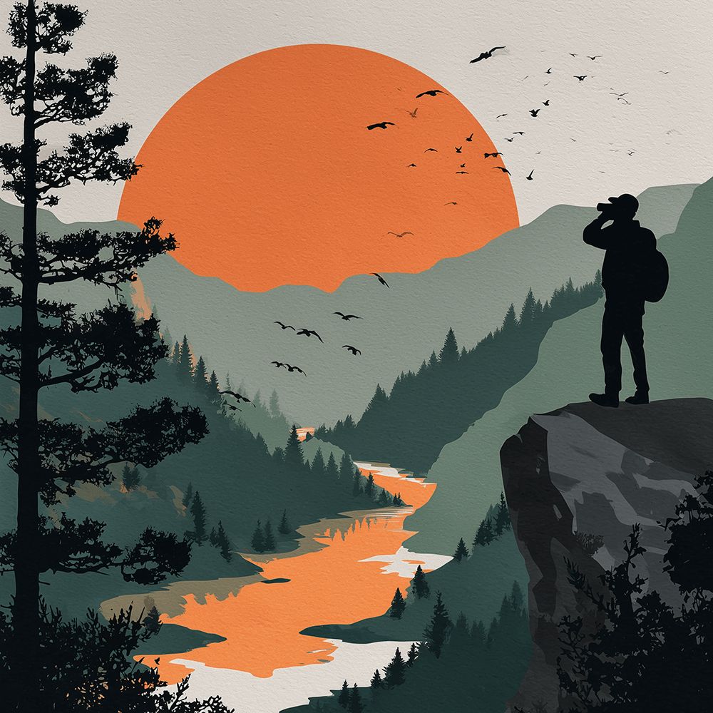 Explorer with binoculars on a cliff cross stitch kit for beginners