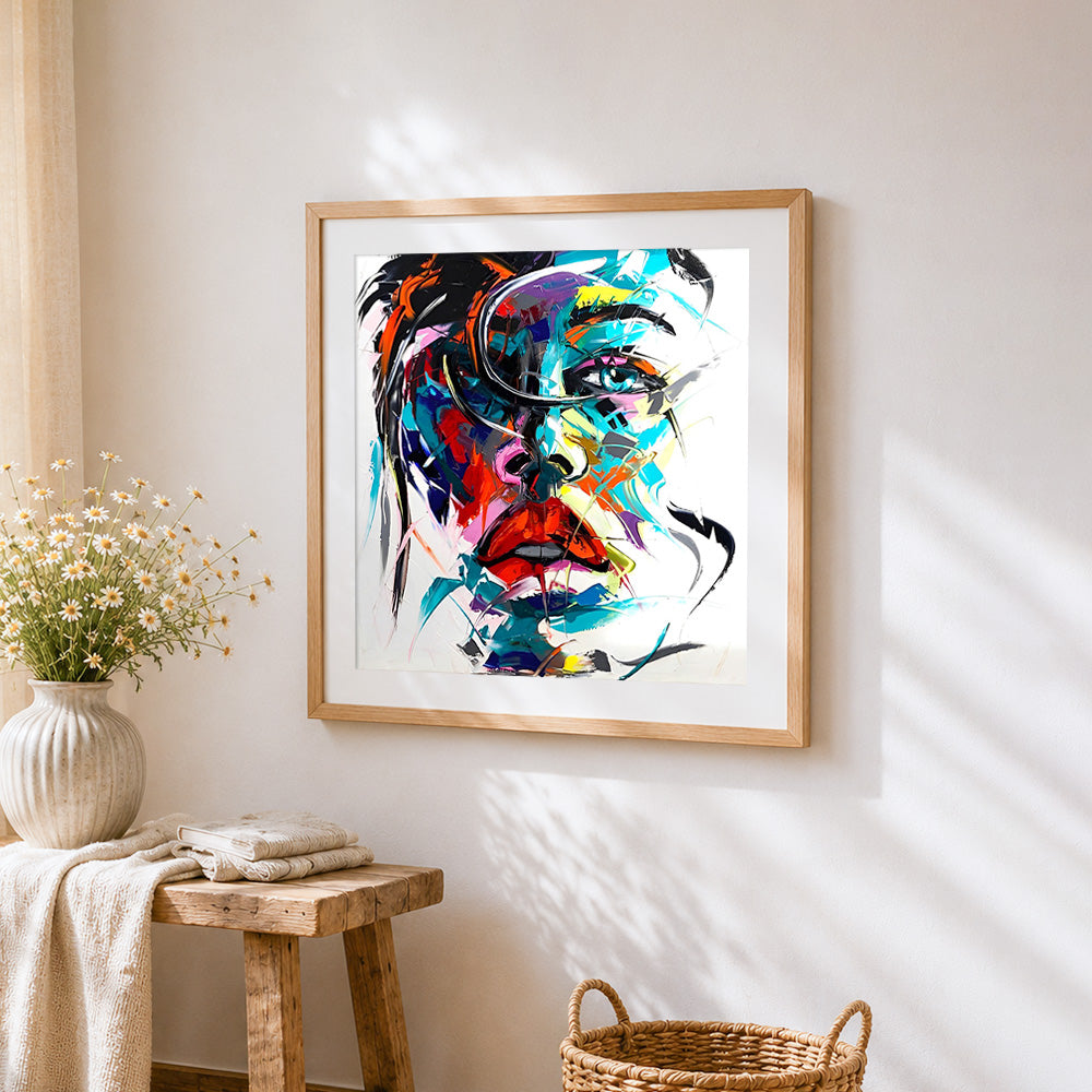 Expressionist portrait in bold colours cross stitch artwork displayed on wall as home decor