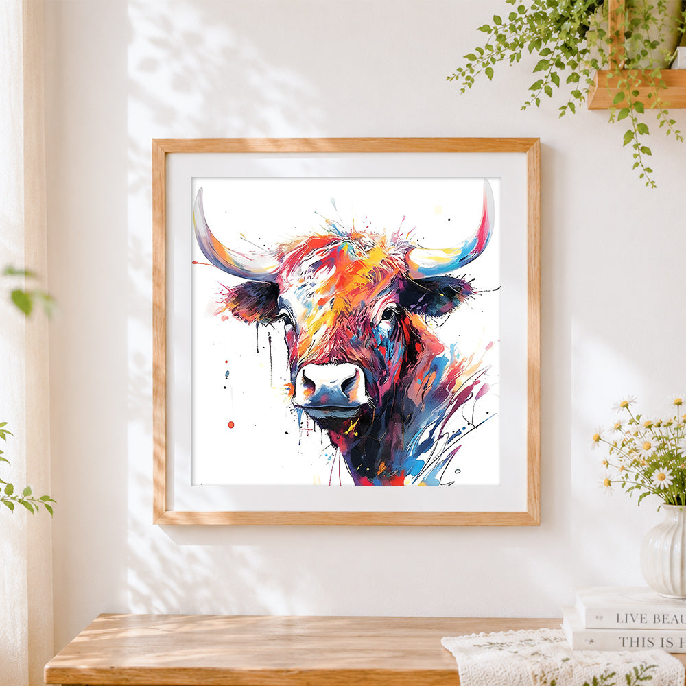 Finished expressive watercolour highland cow cross stitch artwork displayed