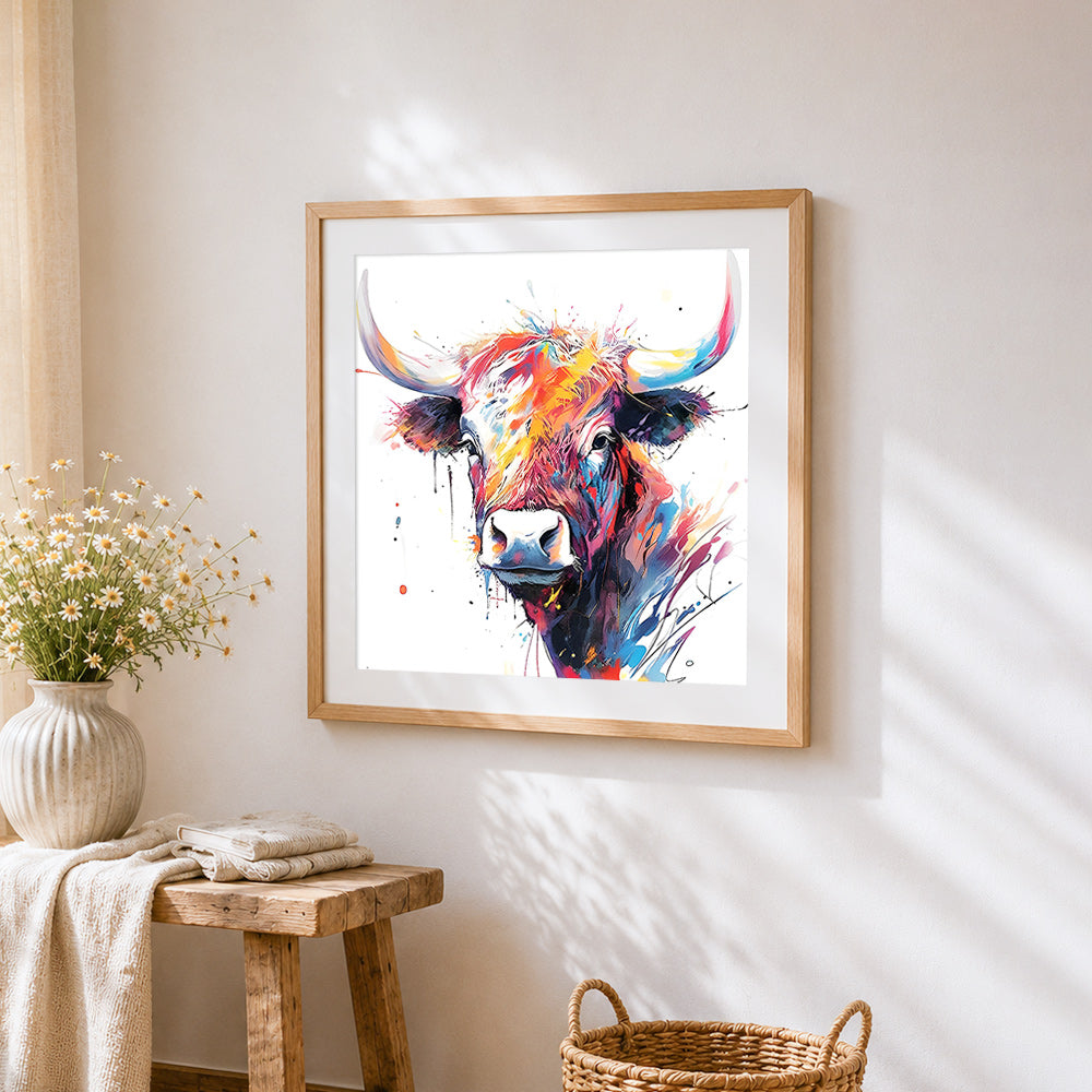 Expressive watercolour highland cow cross stitch artwork displayed on wall as home decor