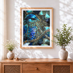 Finished exquisite abstract kingfisher cross stitch artwork displayed