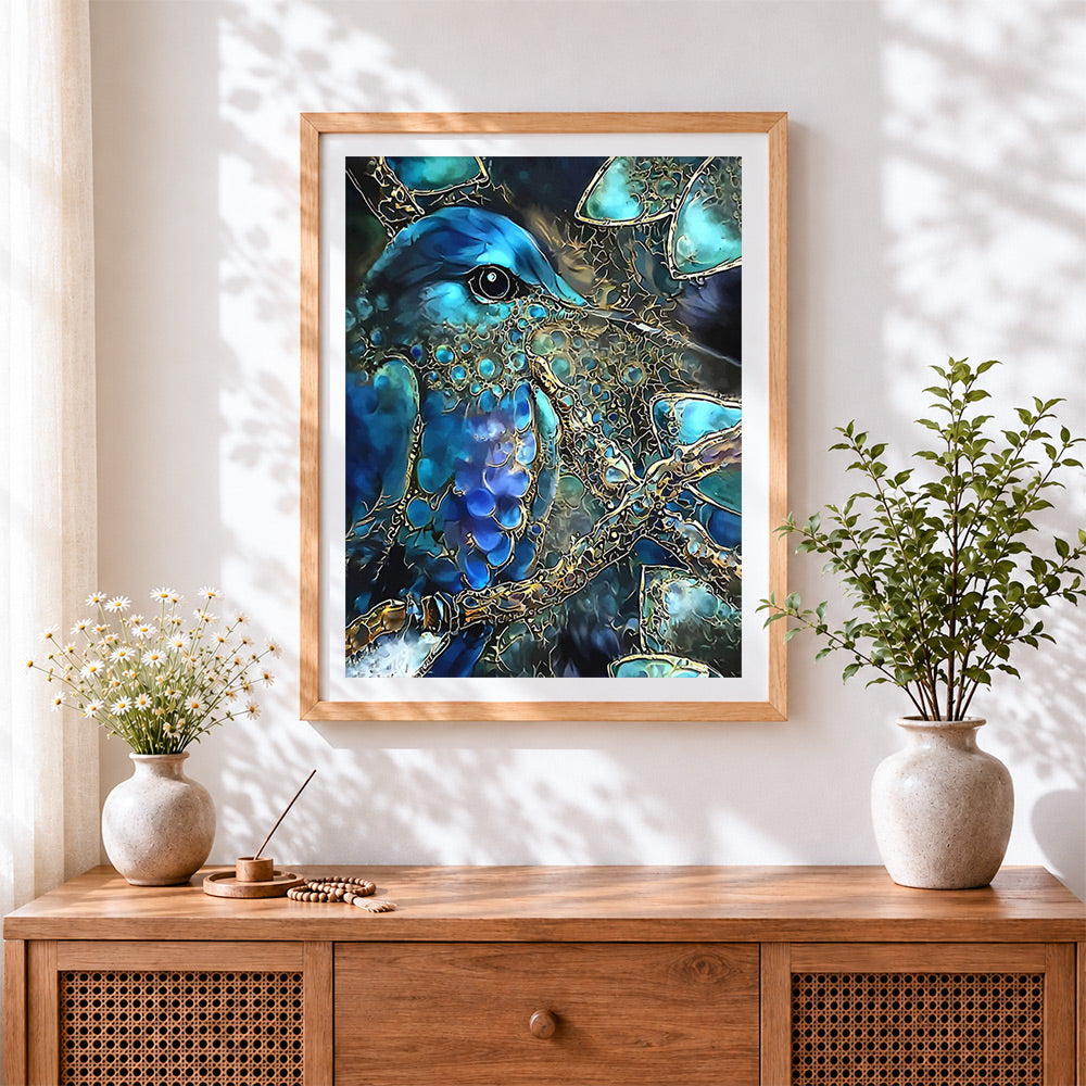 Finished exquisite abstract kingfisher cross stitch artwork displayed