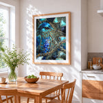 Exquisite abstract kingfisher cross stitch artwork displayed on wall as home decor