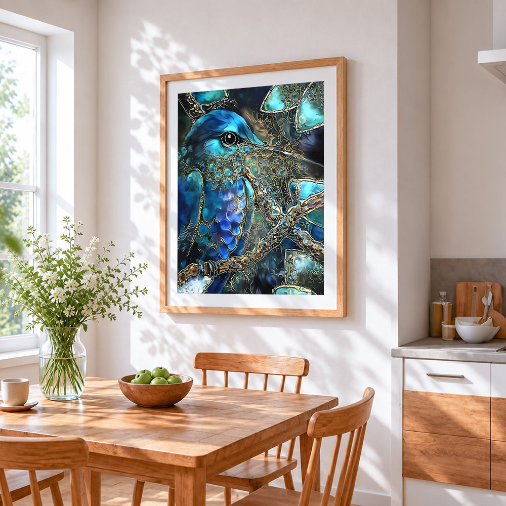 Exquisite abstract kingfisher cross stitch artwork displayed on wall as home decor