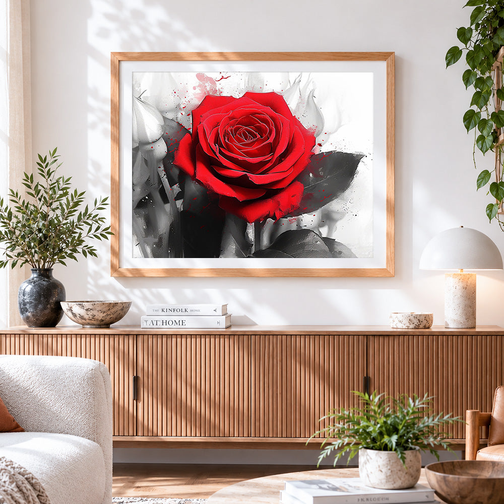 Finished eye catching red rose cross stitch artwork displayed