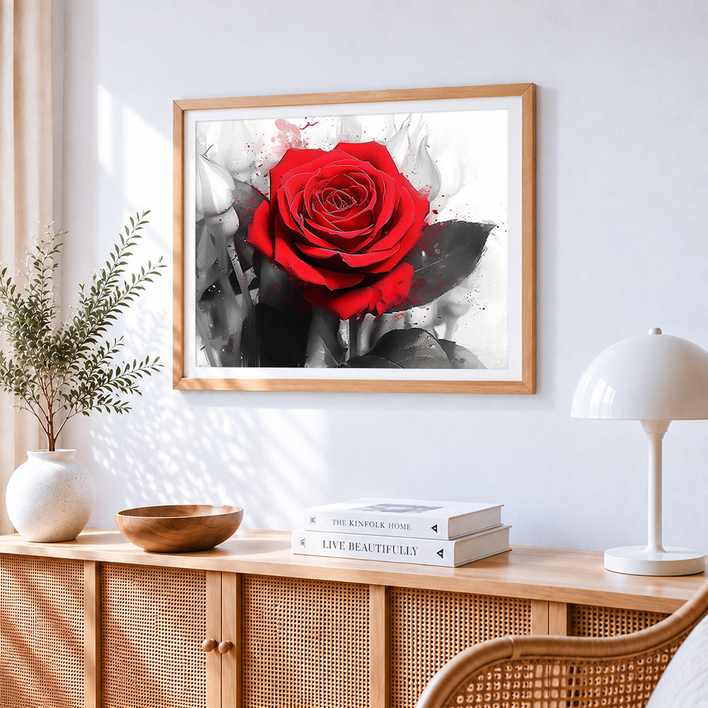 Eye catching red rose cross stitch artwork displayed on wall as home decor