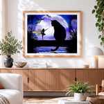 Finished fairy and black cat silhouette cross stitch artwork displayed