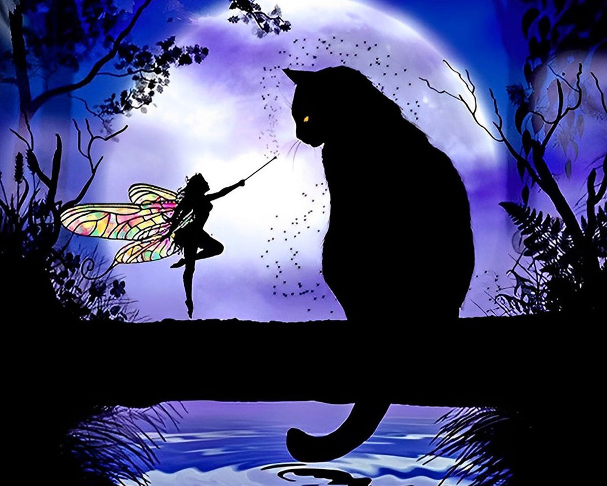 Fairy and black cat silhouette cross stitch kit for beginners