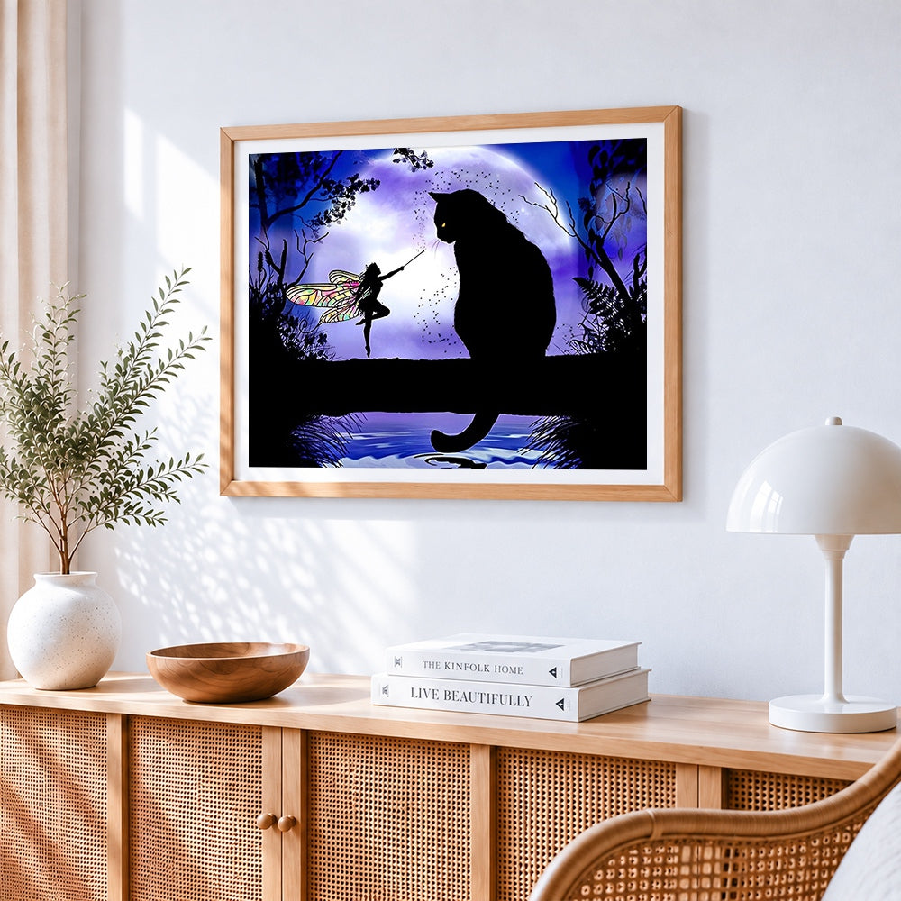 Fairy and black cat silhouette cross stitch artwork displayed on wall as home decor