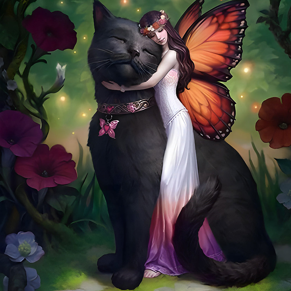 Fairy and giant black cat cross stitch kit for beginners