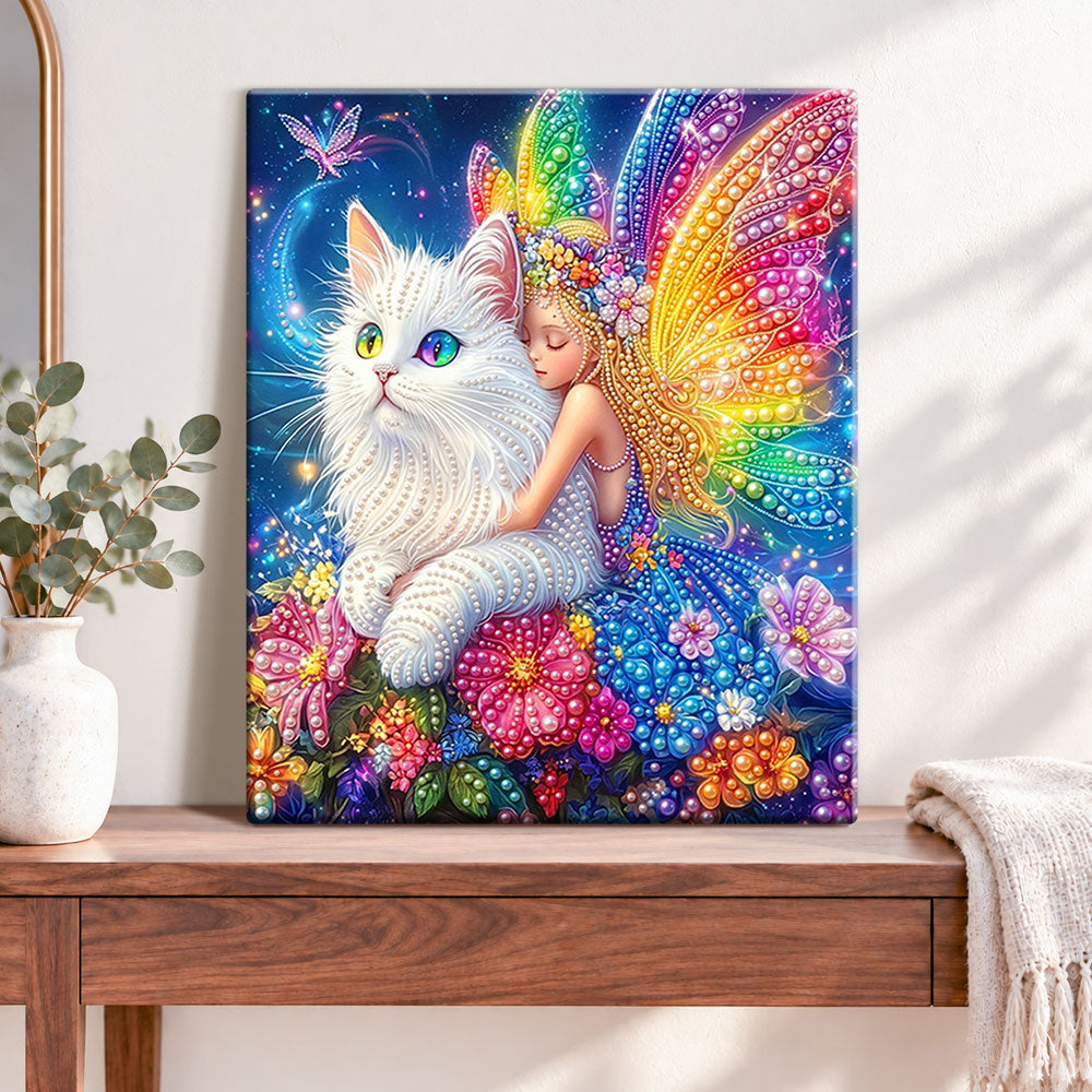Finished fairy and pearled white cat pearl diamond painting artwork displayed as home decor