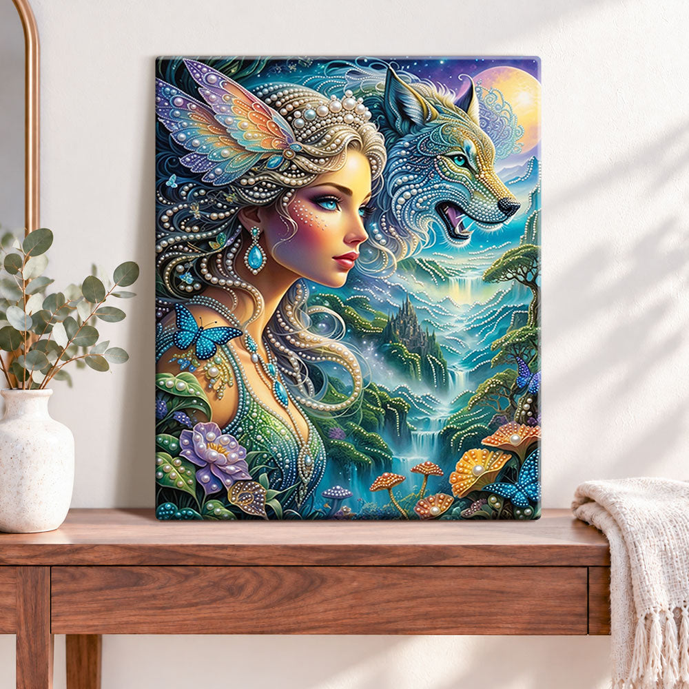 Finished fairy and wolf fantasy pearl diamond painting artwork displayed as home decor