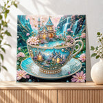 Finished fairy castle in teacup pearl diamond painting artwork displayed as holiday home decor