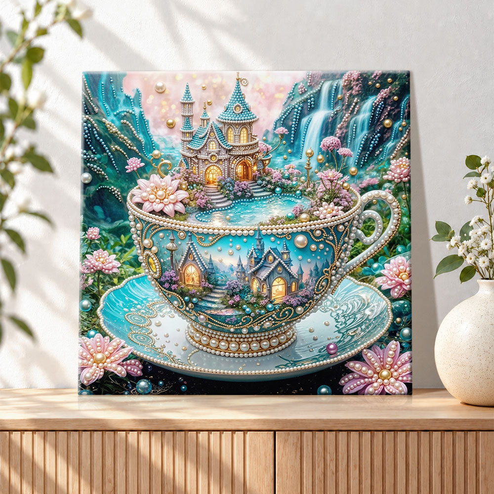 Finished fairy castle in teacup pearl diamond painting artwork displayed as holiday home decor