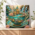 Finished fairy castle inside magic teacup pearl diamond painting artwork displayed as holiday home decor