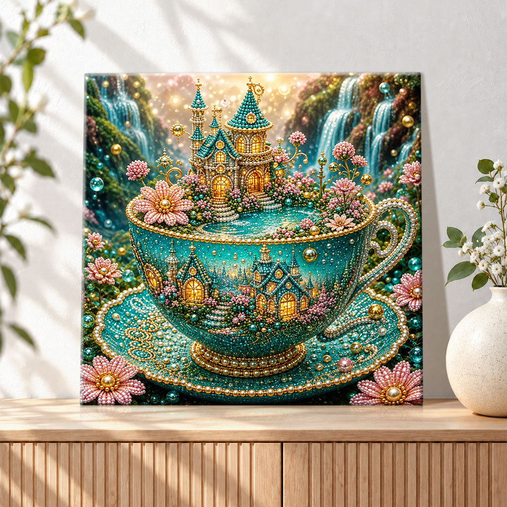 Finished fairy castle inside magic teacup pearl diamond painting artwork displayed as holiday home decor