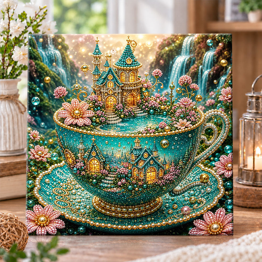 Fairy castle inside magic teacup pearl diamond painting kit for beginners