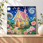 Finished fairy house under starry sky pearl diamond painting artwork displayed as holiday home decor