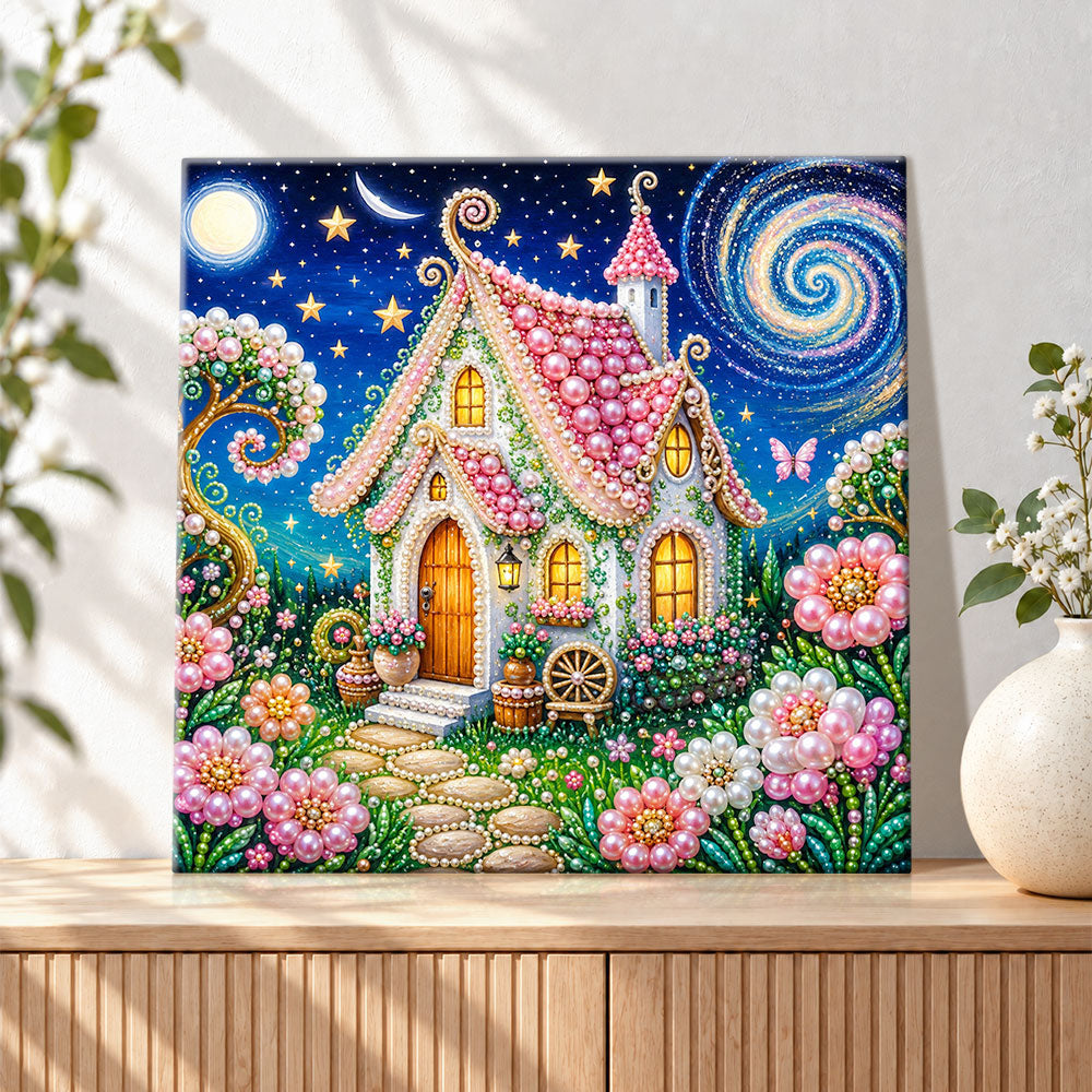 Finished fairy house under starry sky pearl diamond painting artwork displayed as holiday home decor