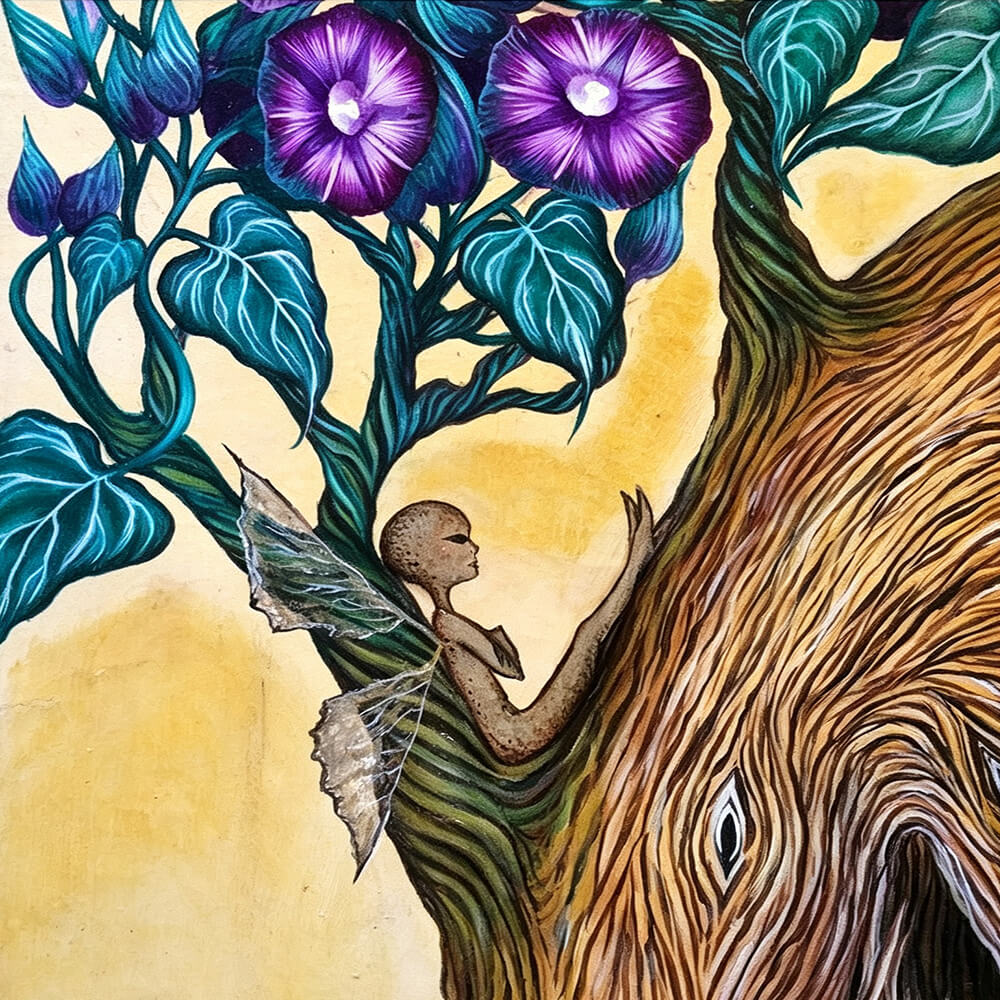 Fairy in a tree with purple flowers cross stitch kit for beginners
