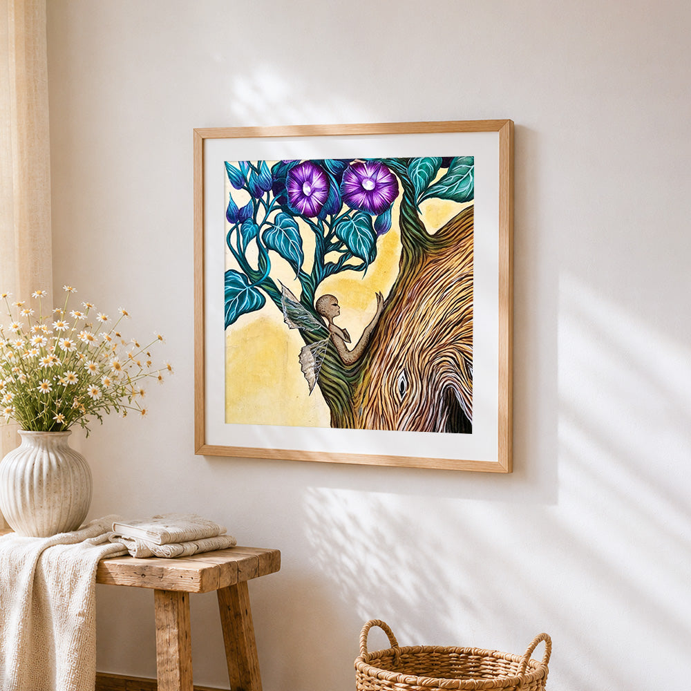 Fairy in a tree with purple flowers cross stitch artwork displayed on wall as home decor