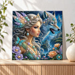 Finished fairy queen and mystic wolf pearl diamond painting artwork displayed as holiday home decor