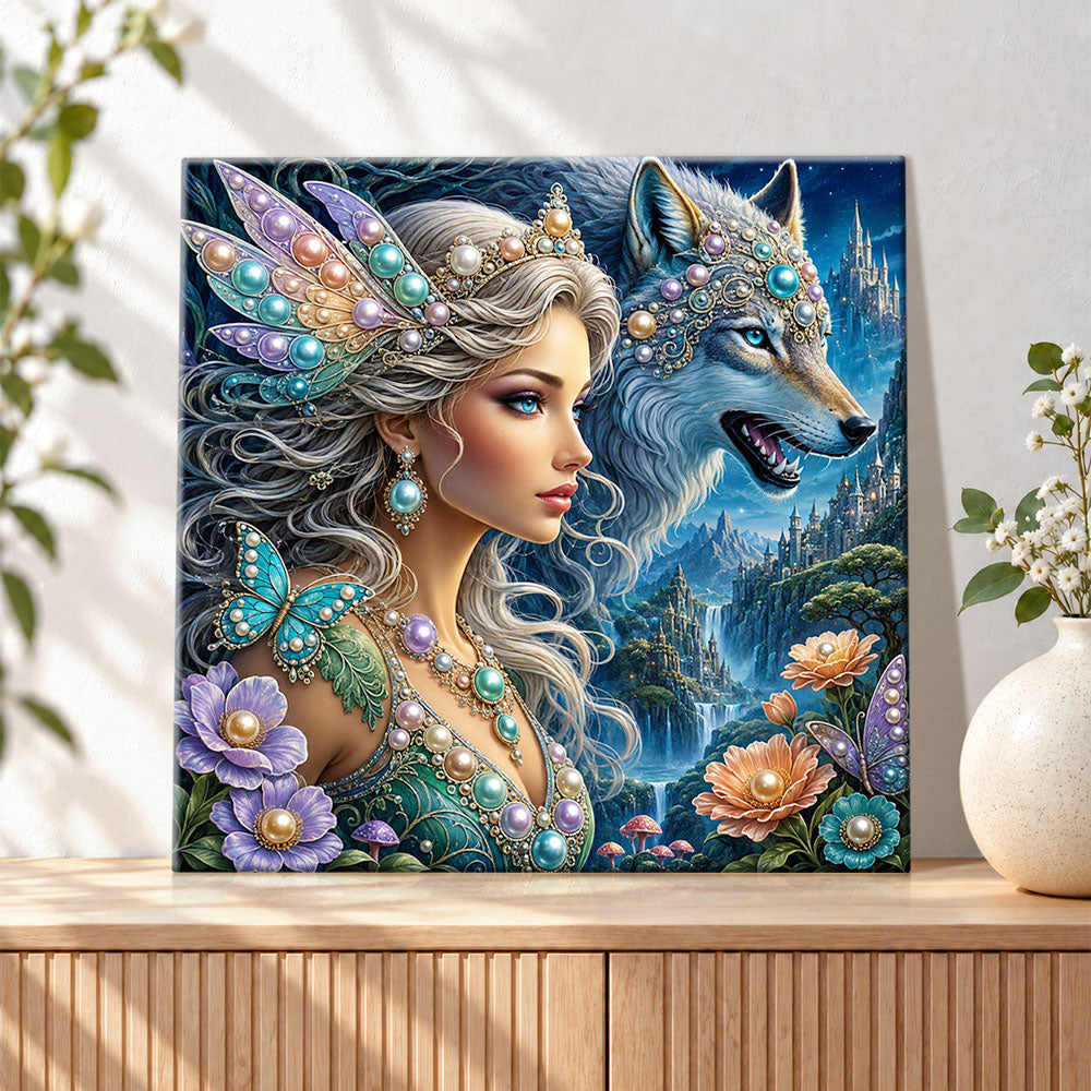 Finished fairy queen and mystic wolf pearl diamond painting artwork displayed as holiday home decor