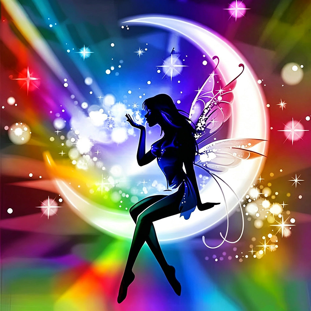 Fairy silhouette on rainbow moon cross stitch kit for beginners