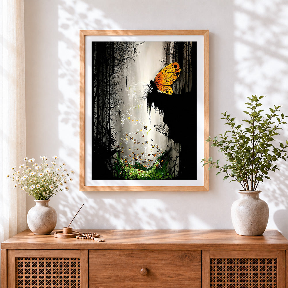 Finished fairy silhouette with orange butterflies cross stitch artwork displayed