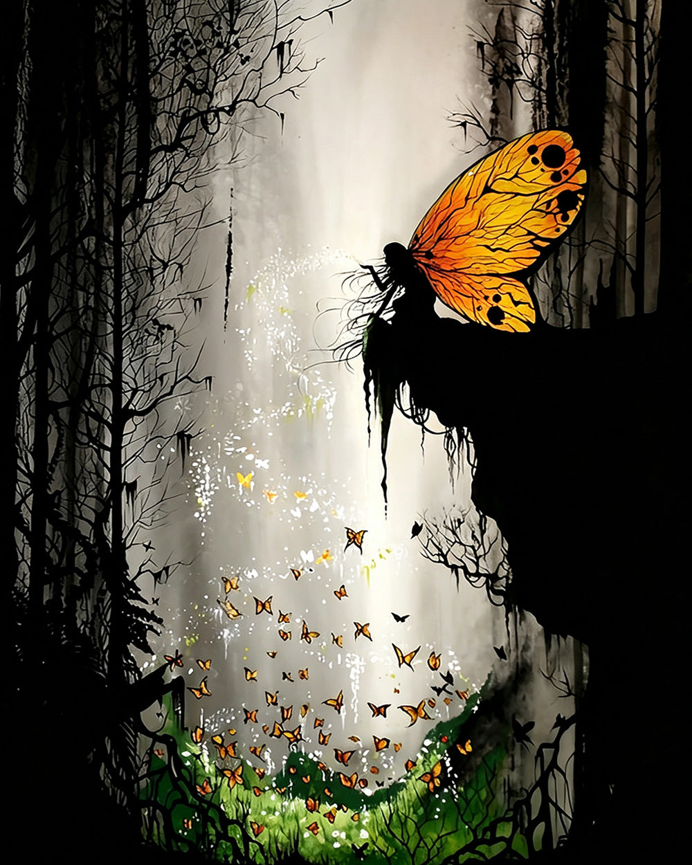 Fairy silhouette with orange butterflies cross stitch kit for beginners
