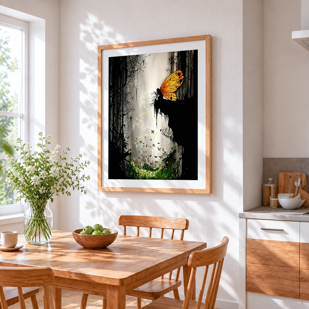 Fairy silhouette with orange butterflies cross stitch artwork displayed on wall as home decor