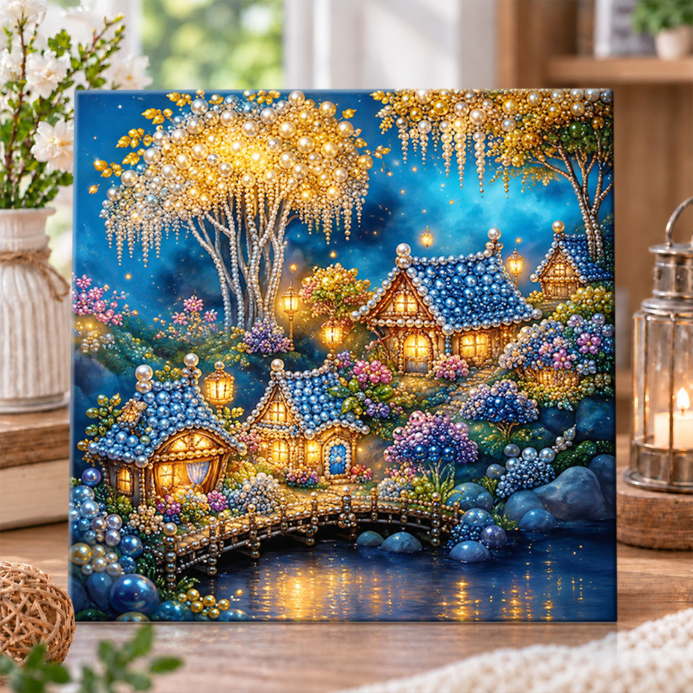 Fairy village by the glimmering lake pearl diamond painting kit for beginners