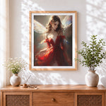 Finished fairy with iridescent wings in red cross stitch artwork displayed