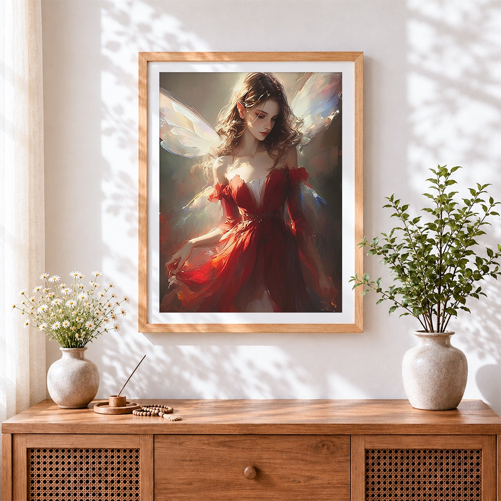 Finished fairy with iridescent wings in red cross stitch artwork displayed