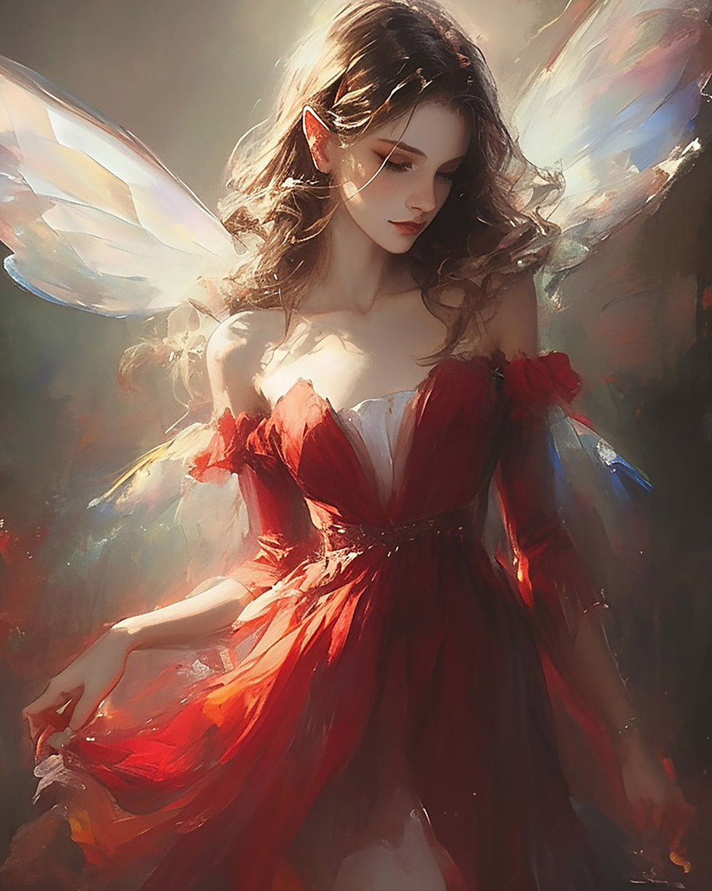 Fairy with iridescent wings in red cross stitch kit for beginners