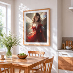 Fairy with iridescent wings in red cross stitch artwork displayed on wall as home decor