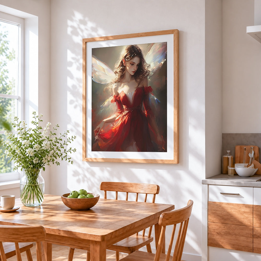 Fairy with iridescent wings in red cross stitch artwork displayed on wall as home decor
