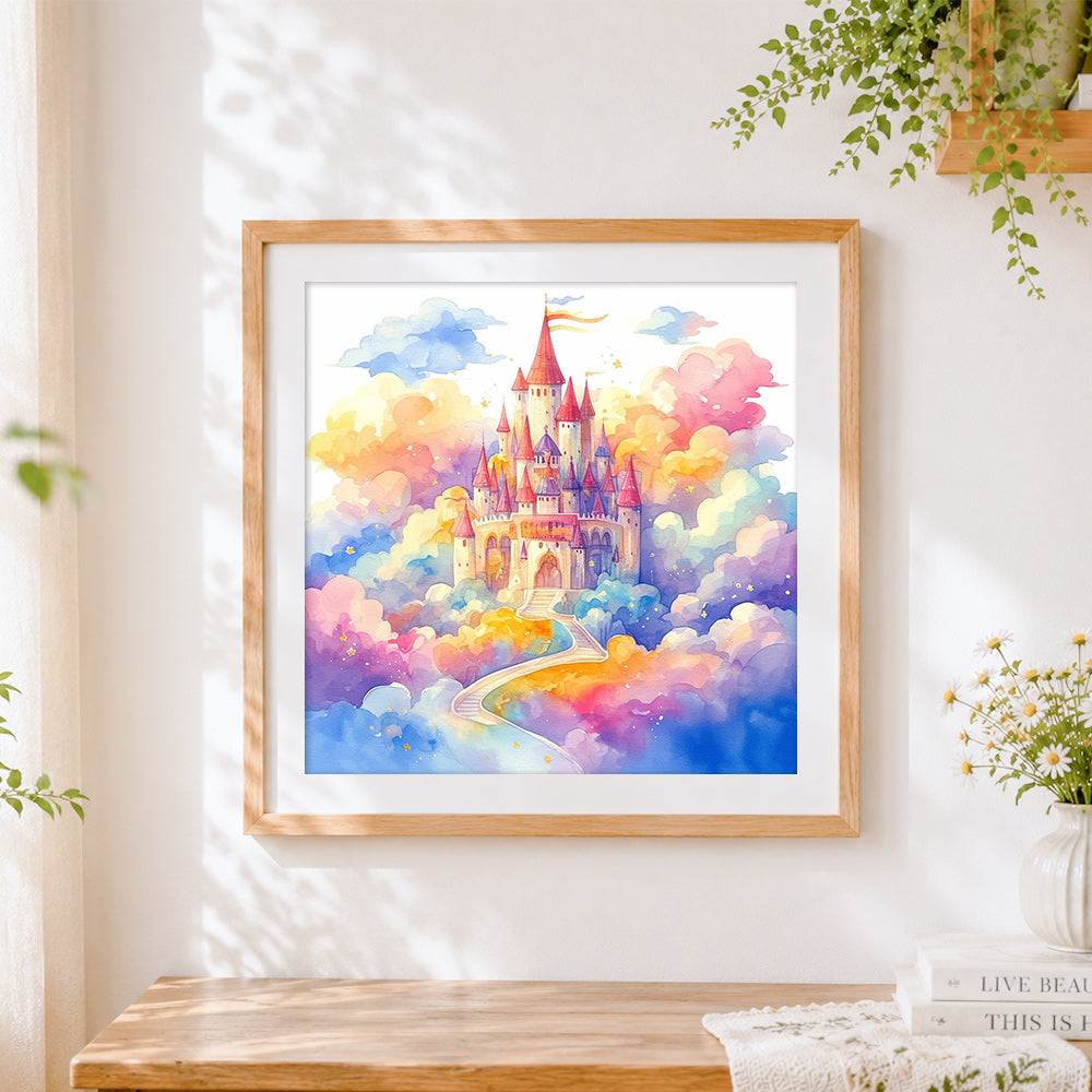 Finished fairytale castle in the dreamy clouds cross stitch artwork displayed