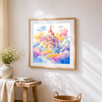 Fairytale castle in the dreamy clouds cross stitch artwork displayed on wall as home decor