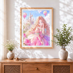 Finished fairytale princess with castle cross stitch artwork displayed