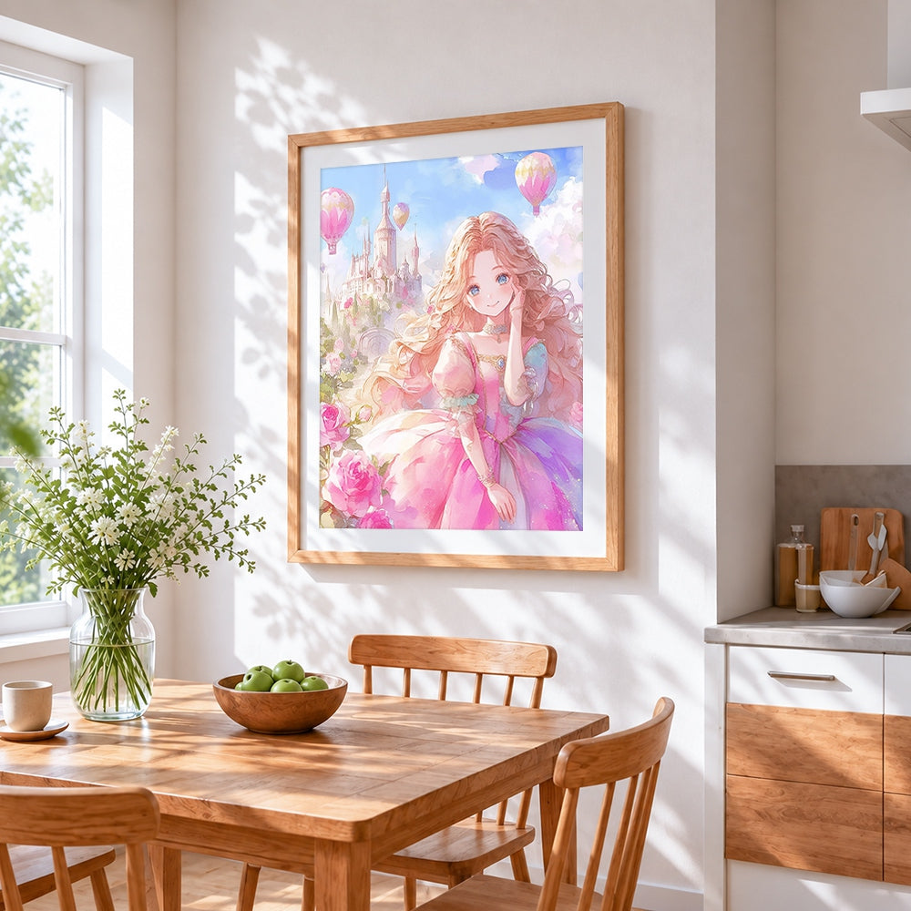 Fairytale princess with castle cross stitch artwork displayed on wall as home decor