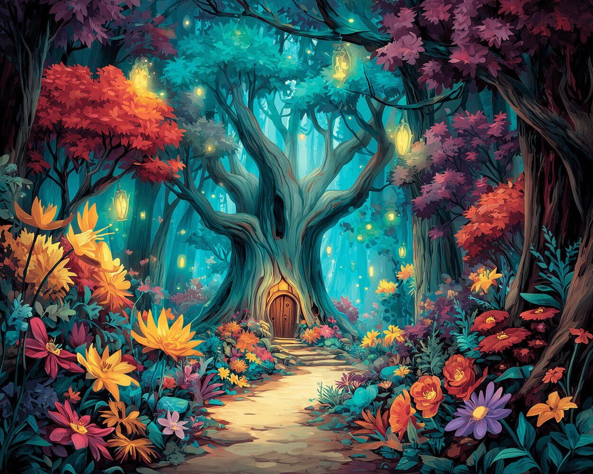 Fairytale treehouse in floral forest cross stitch kit for beginners