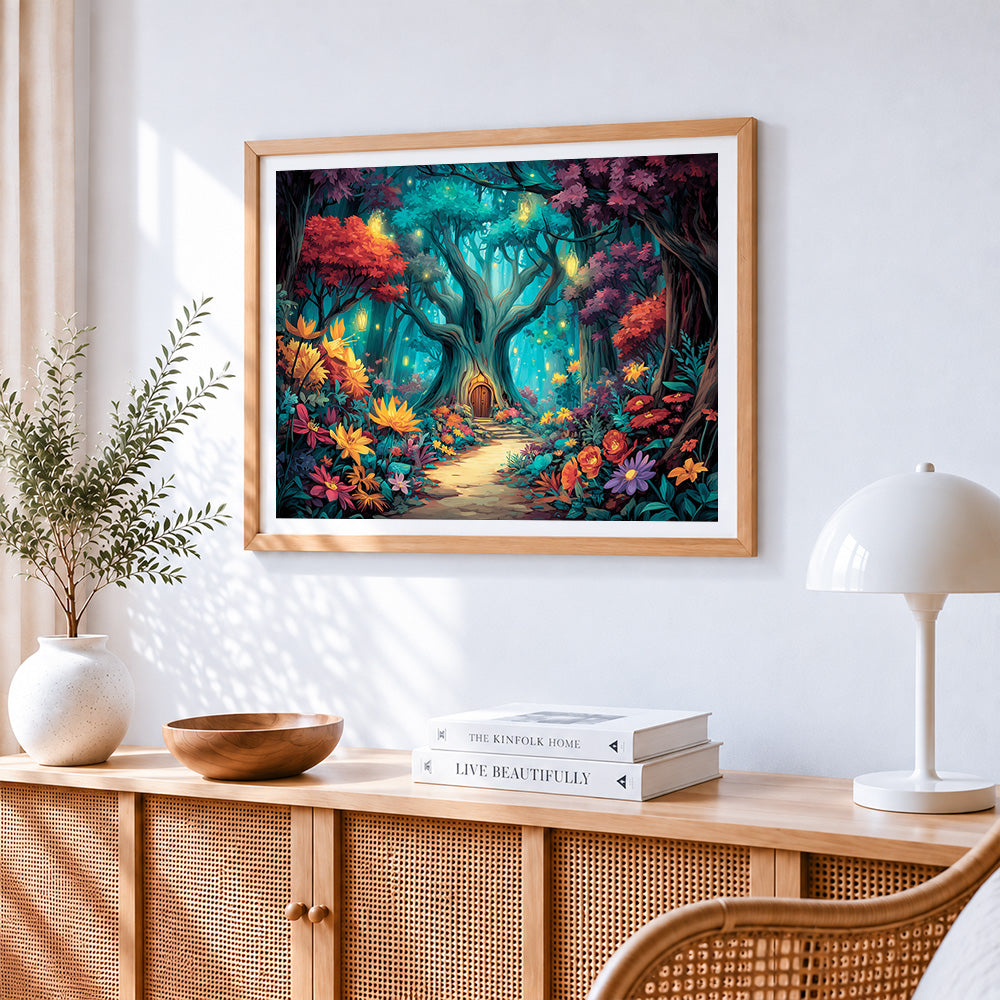 Fairytale treehouse in floral forest cross stitch artwork displayed on wall as home decor