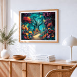 Fairytale treehouse in floral forest cross stitch artwork displayed on wall as home decor