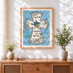 Finished faith, hope and love cross cross stitch artwork displayed
