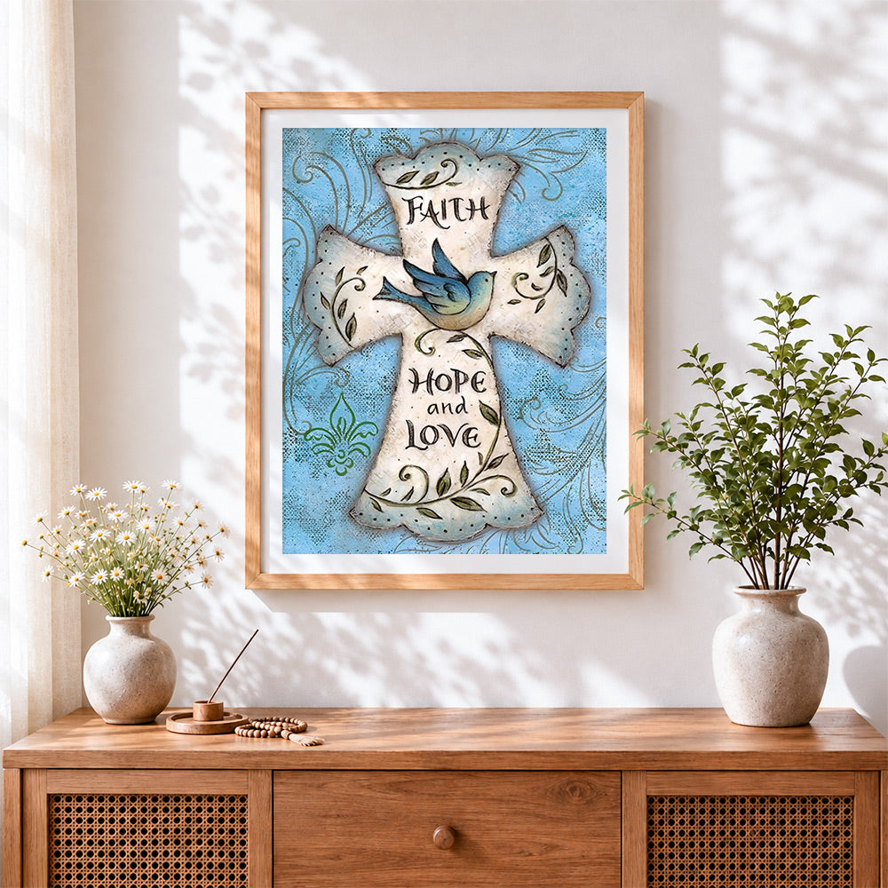Finished faith, hope and love cross cross stitch artwork displayed